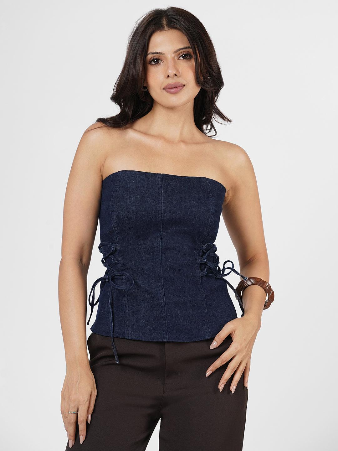 Woman in a blue strapless top by Rerasa