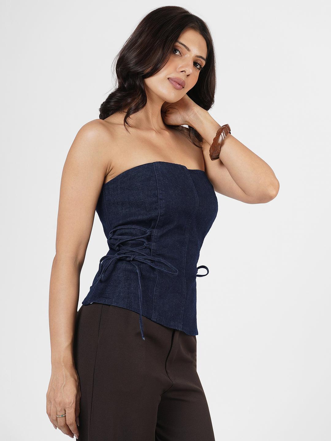 Woman in a blue strapless top by Rerasa
