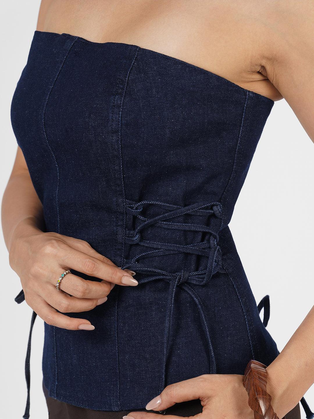 Woman in a blue strapless top by Rerasa