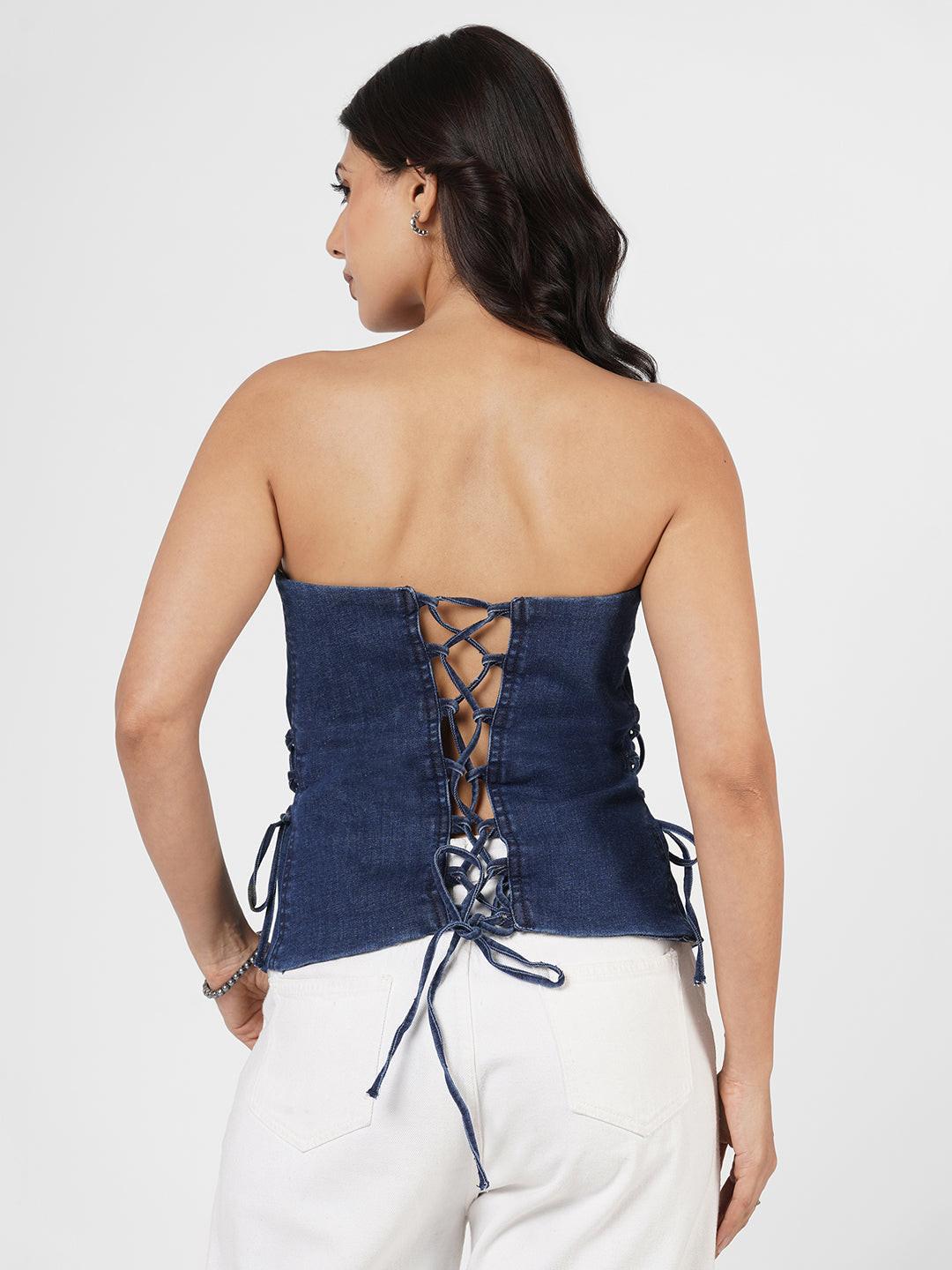 Woman in a blue strapless top by Rerasa