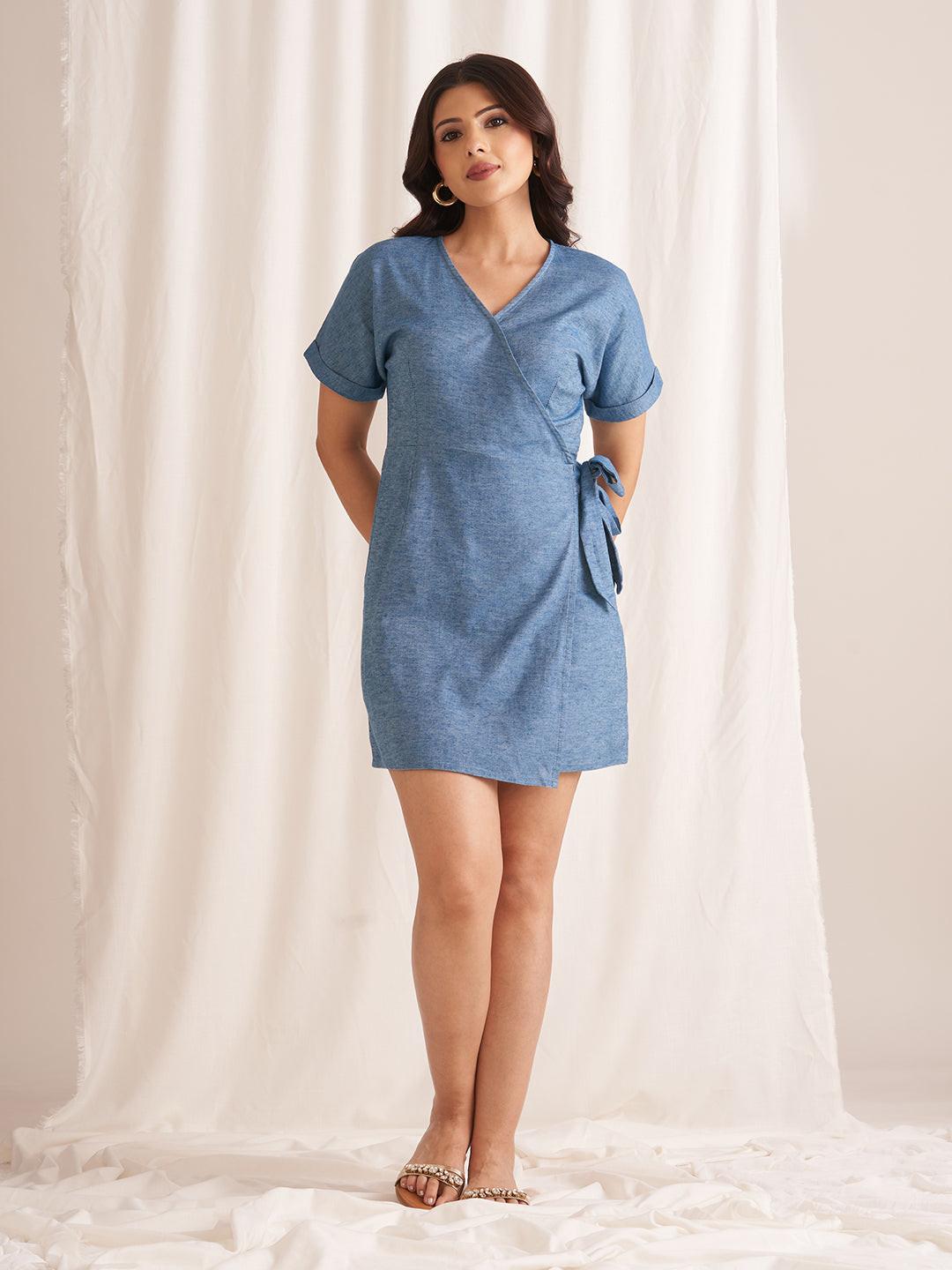 Rerasa Linen Blend Wrap Dress Blue 