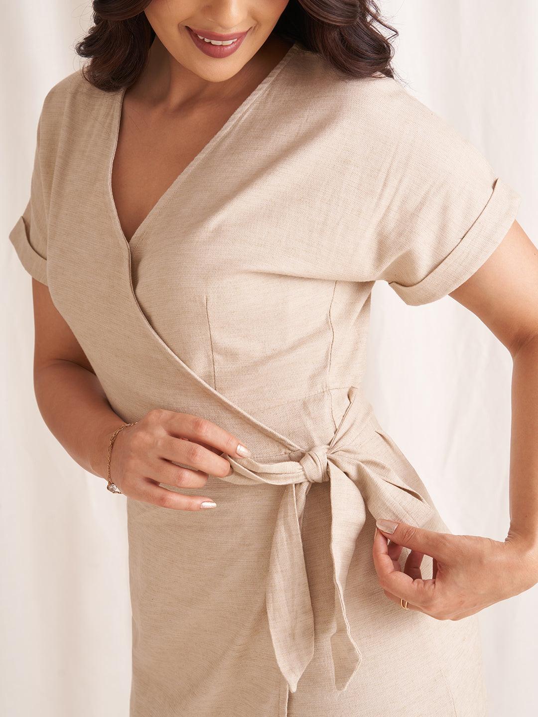 Rerasa Linen Blend Wrap Dress