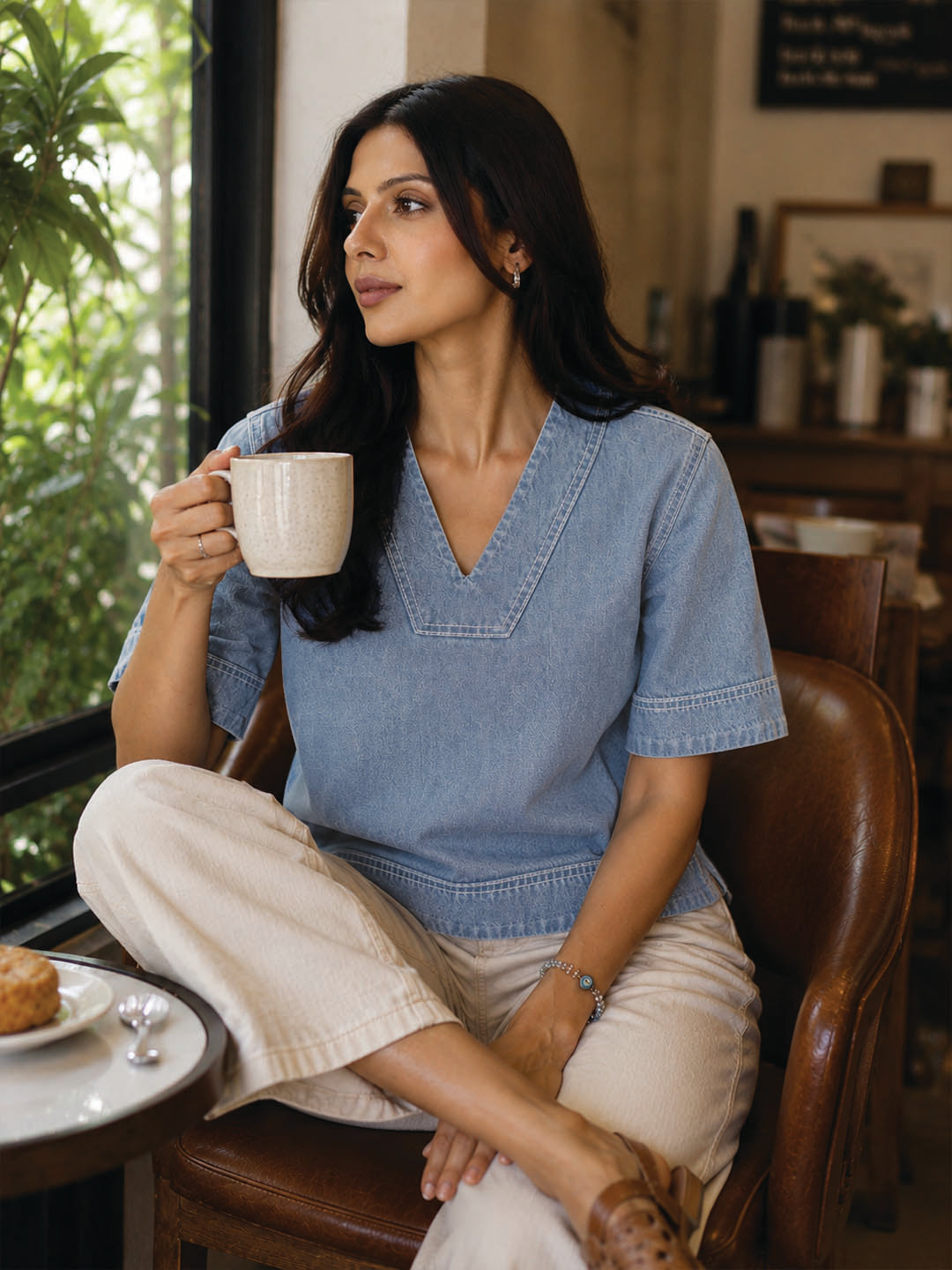 Loose V-Neck Denim Blouse by Rerasa