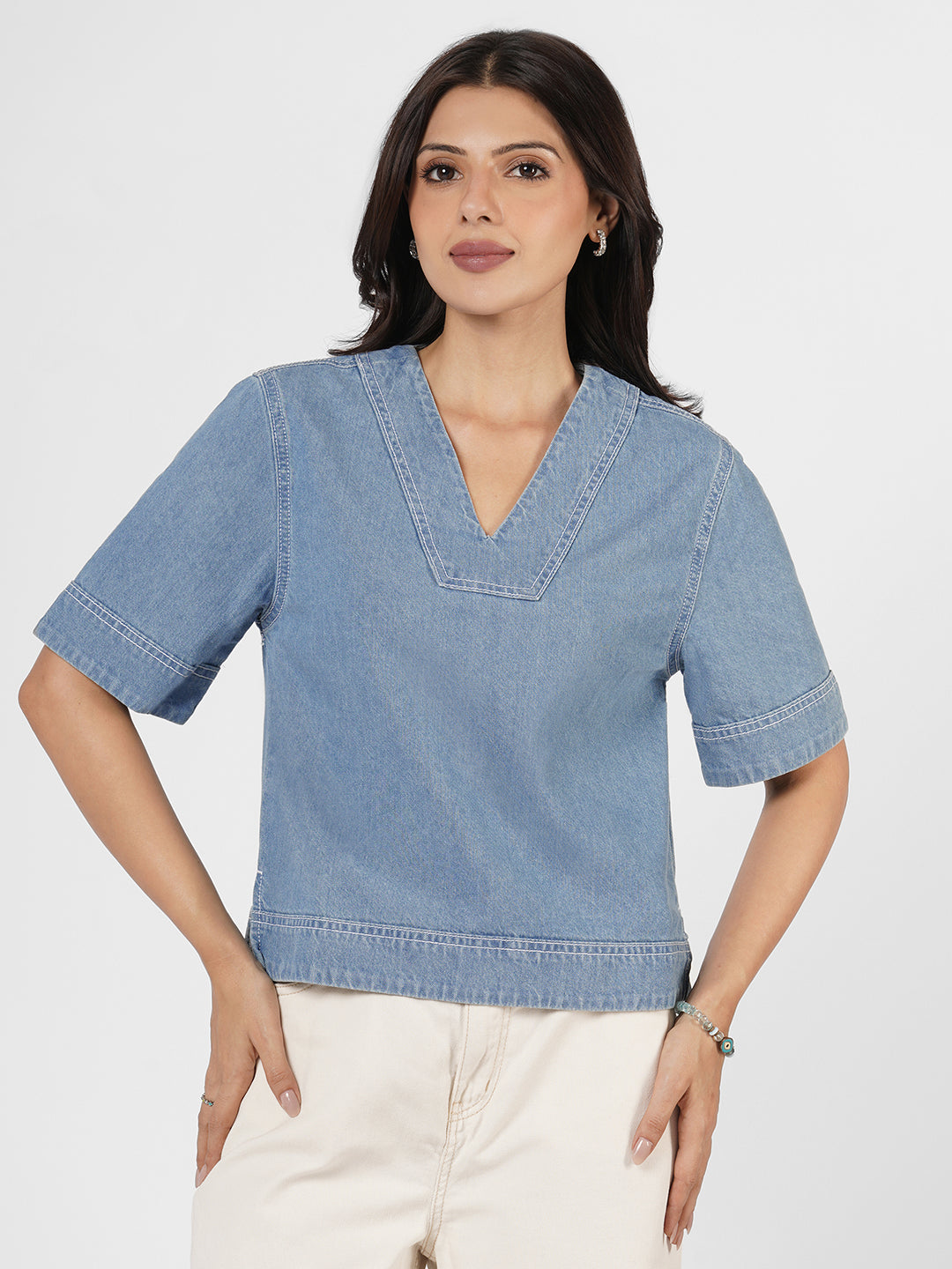 Loose V-Neck Denim Blouse by Rerasa