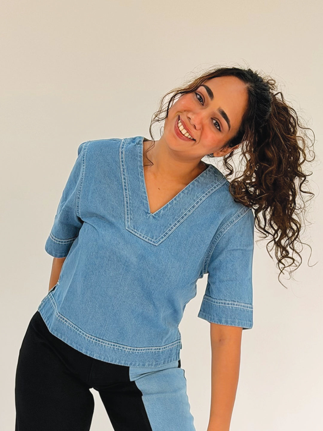 Loose V-Neck Denim Blouse by Rerasa