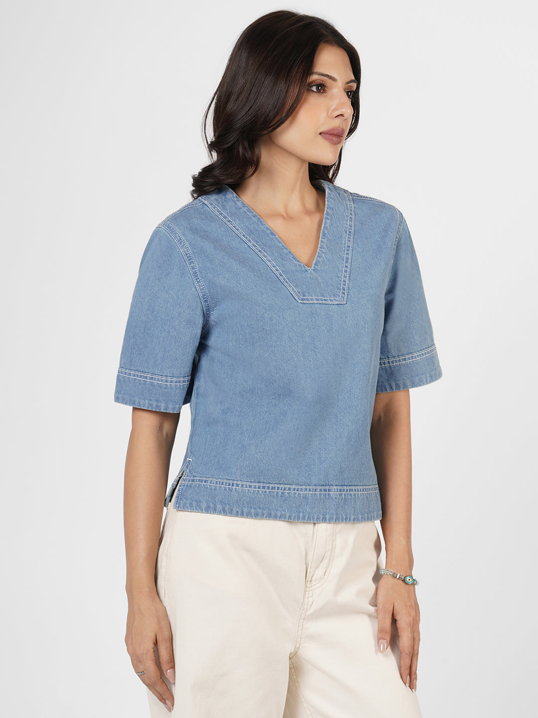 Loose V-Neck Denim Blouse by Rerasa