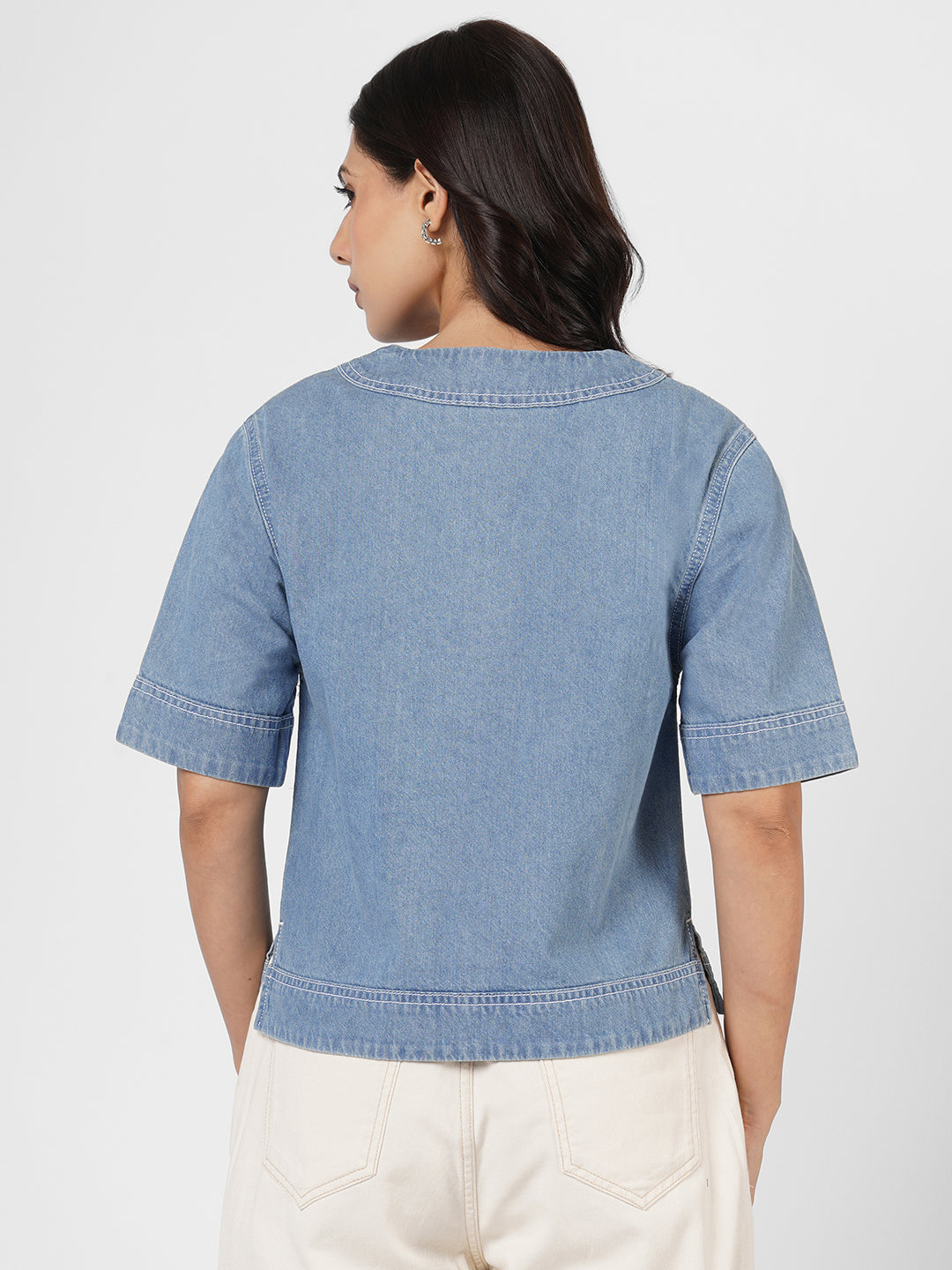 Loose V-Neck Denim Blouse by Rerasa
