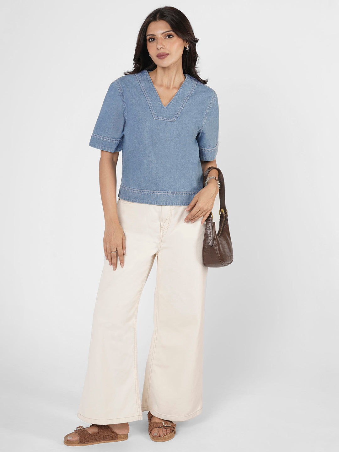 Loose V-Neck Denim Blouse by Rerasa