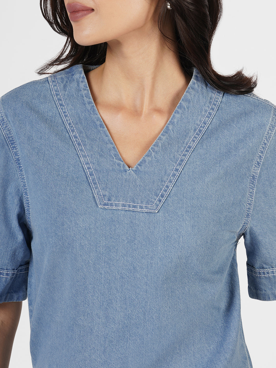 Loose V-Neck Denim Blouse by Rerasa