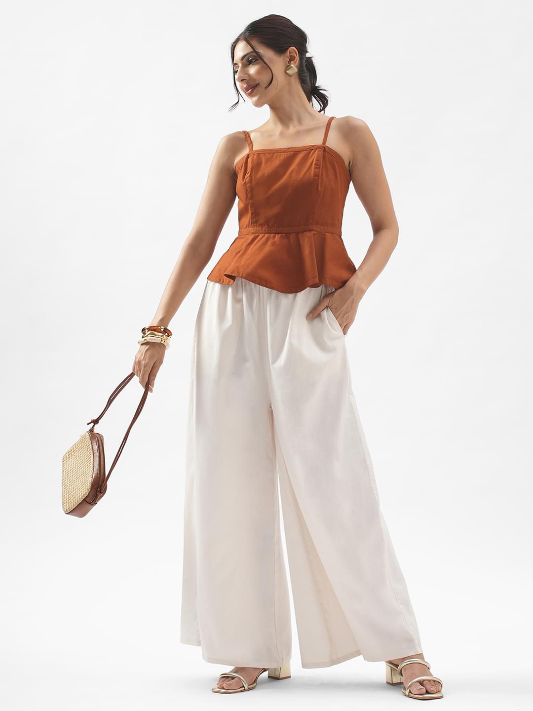 Rerasa Peplum Open Back Tie Top Rust