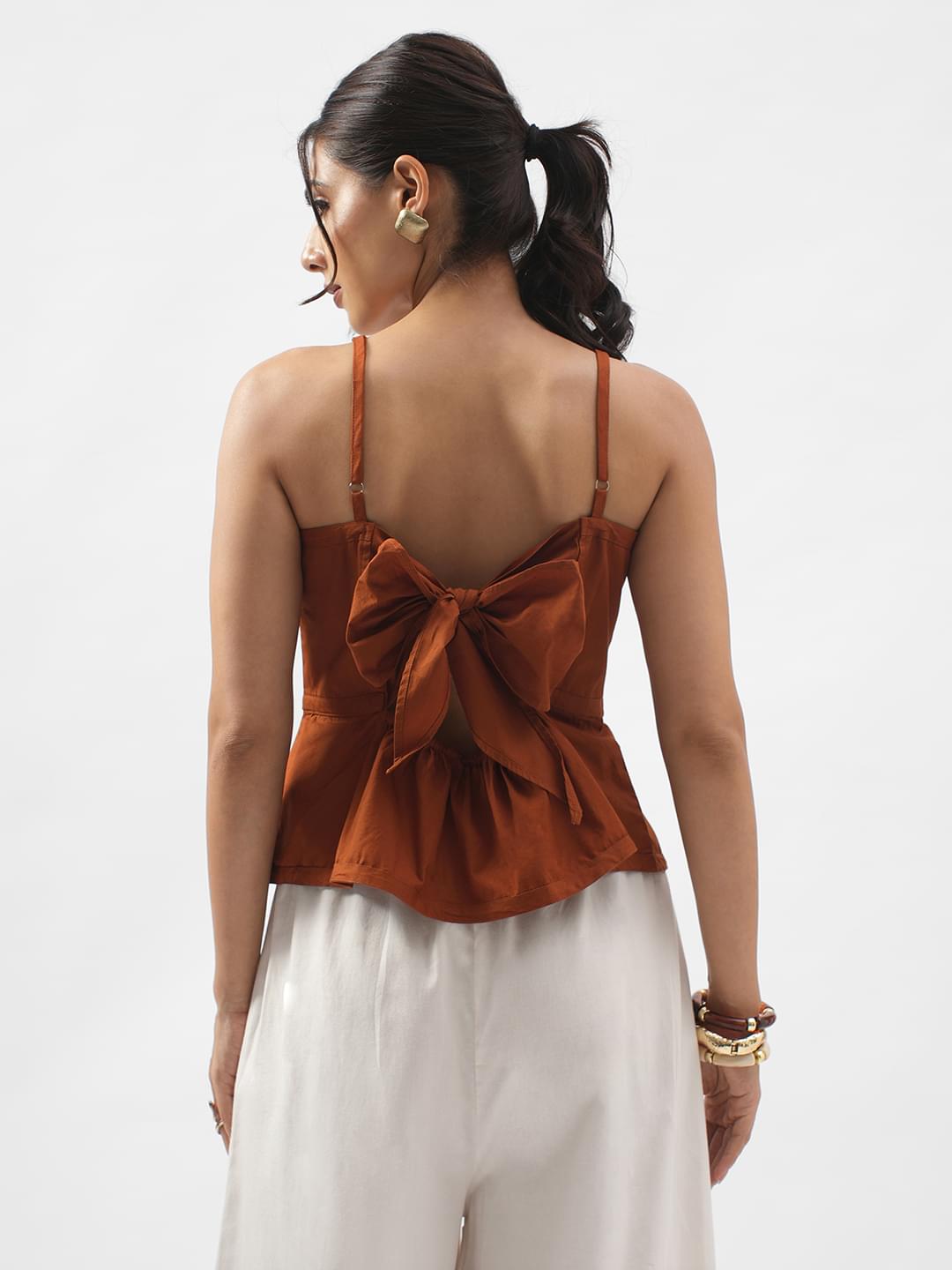 Rerasa Peplum Open Back Tie Top Rust