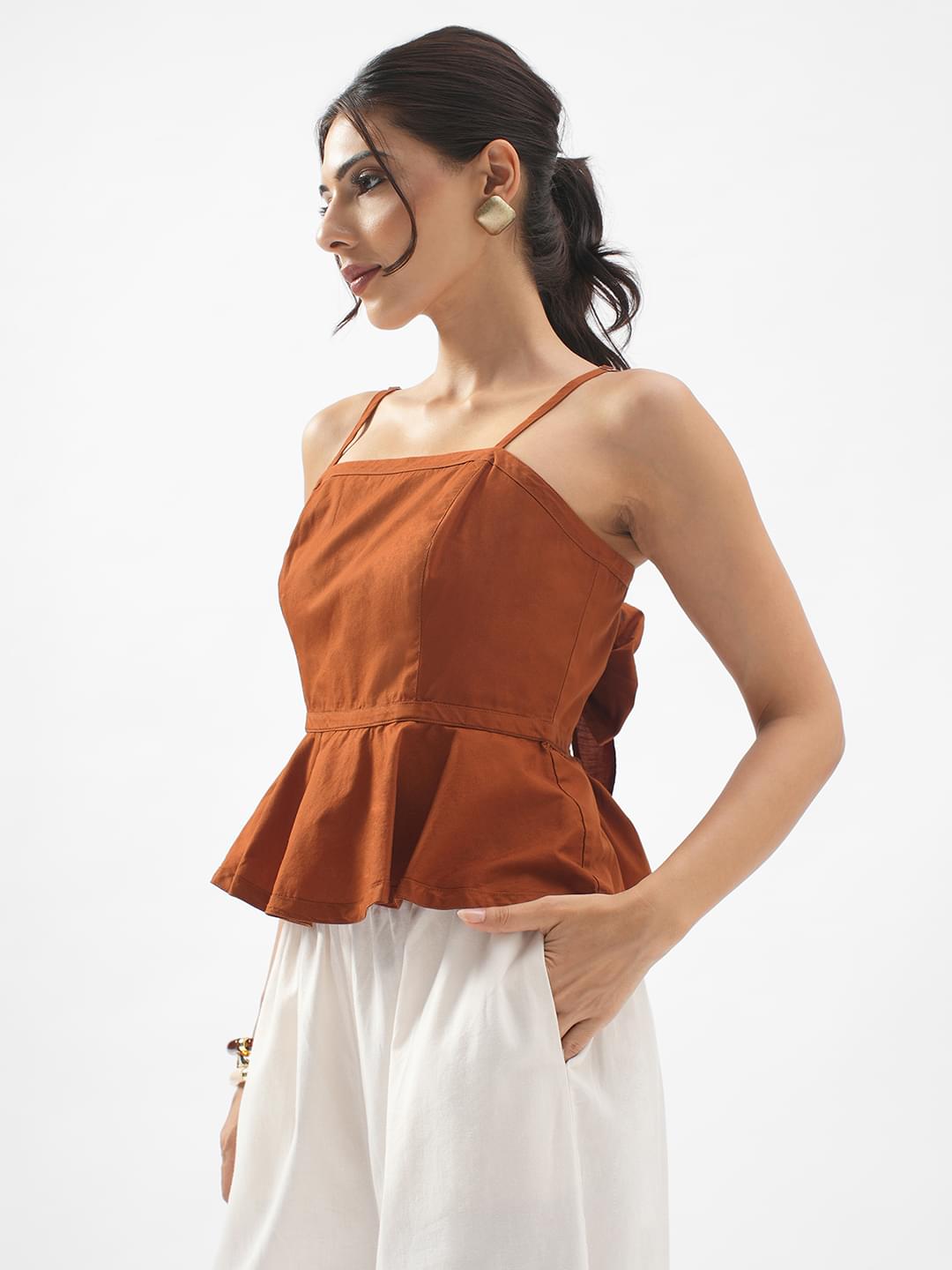 Rerasa Peplum Open Back Tie Top Rust