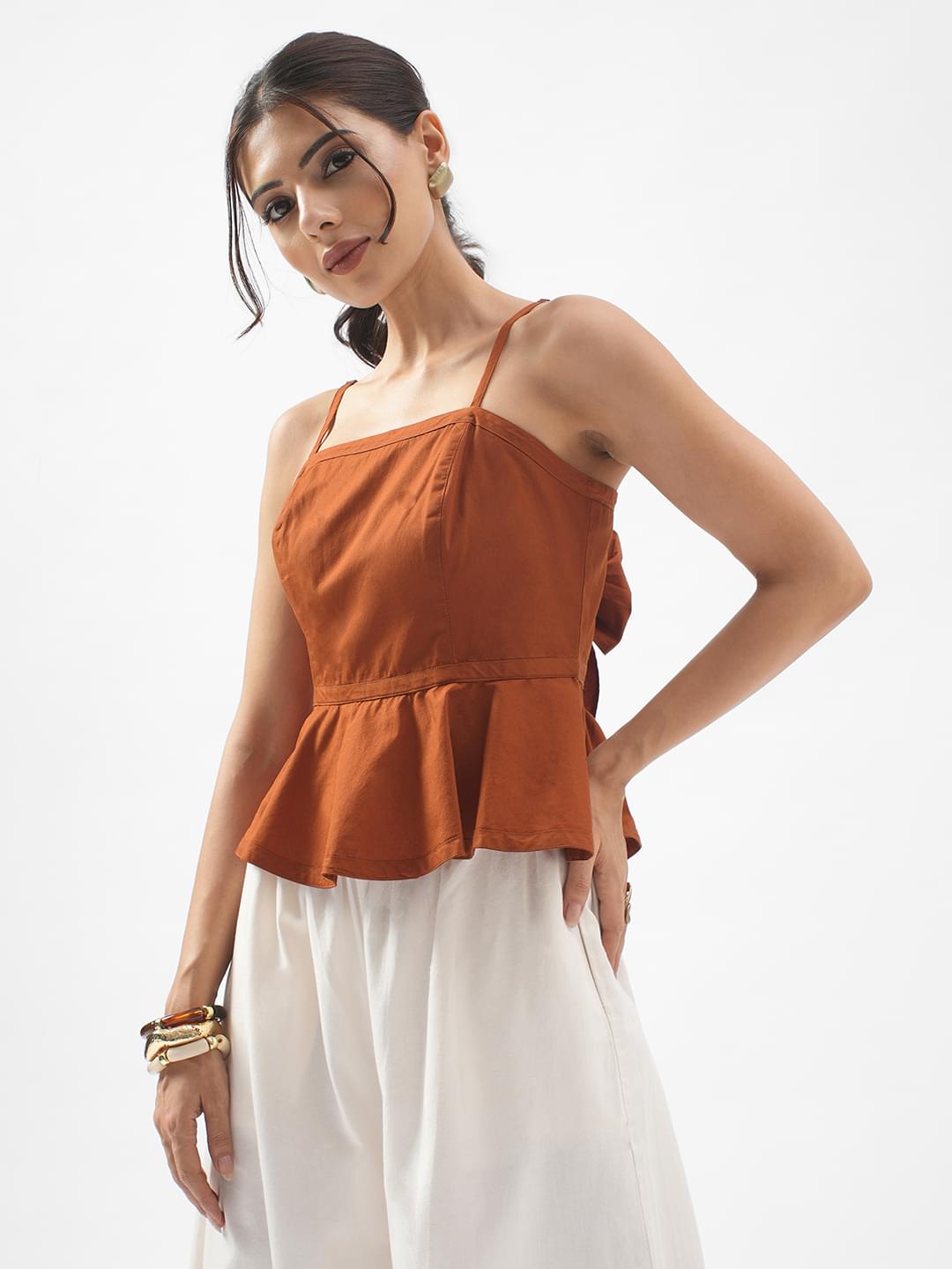 Rerasa Peplum Open Back Tie Top Rust