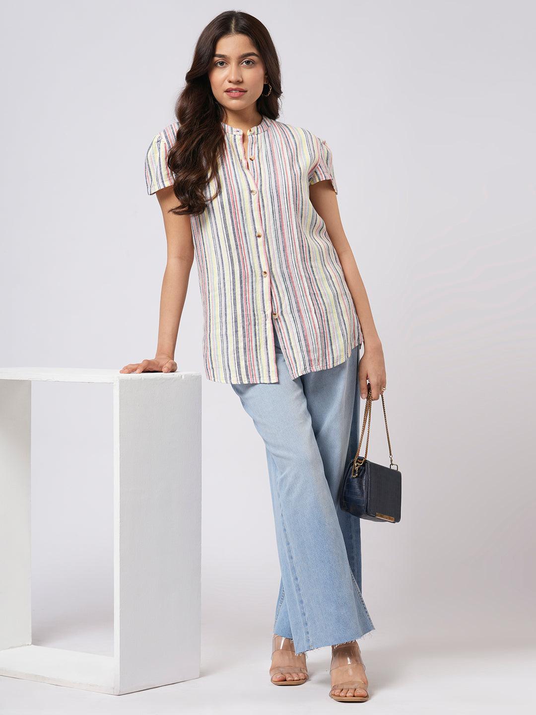 Pin-Tuck Linen Blend Shirt.