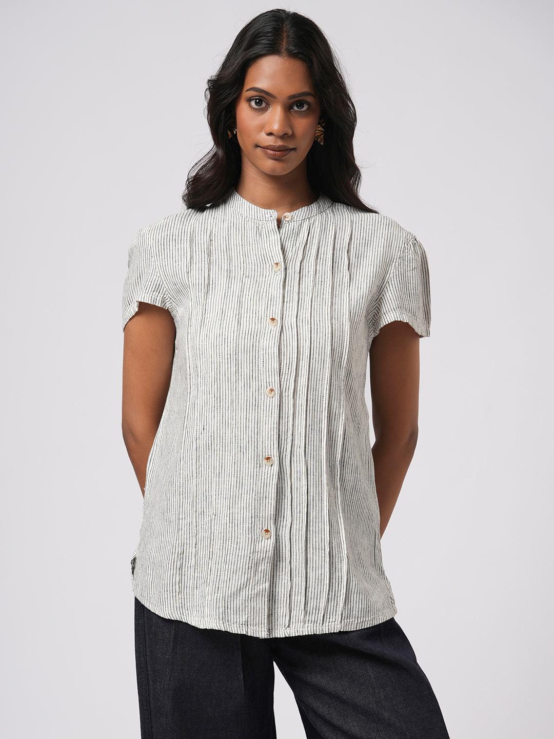 Pin-Tuck Linen Blend Shirt.