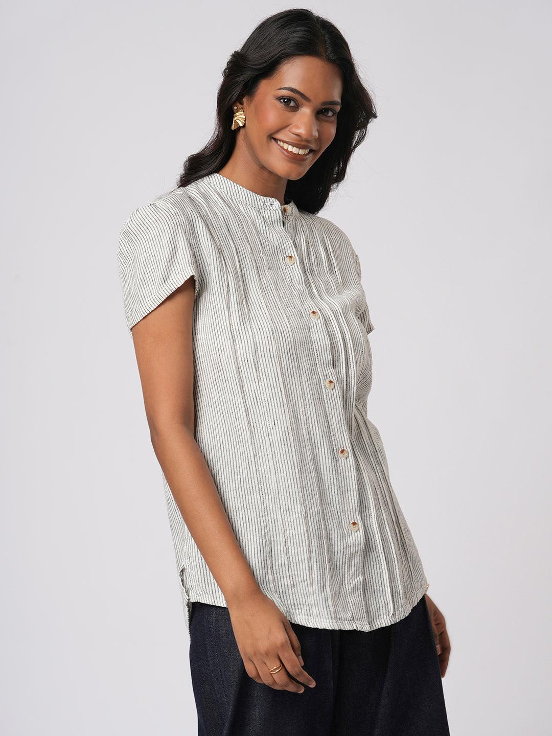 Pin-Tuck Linen Blend Shirt.