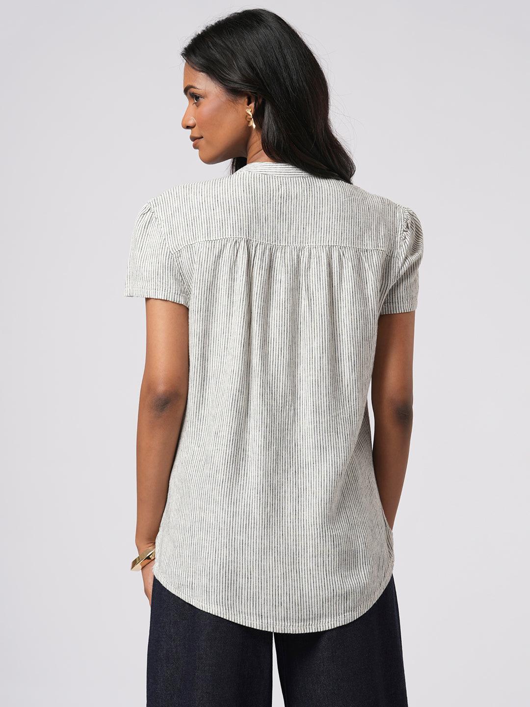 Pin-Tuck Linen Blend Shirt.