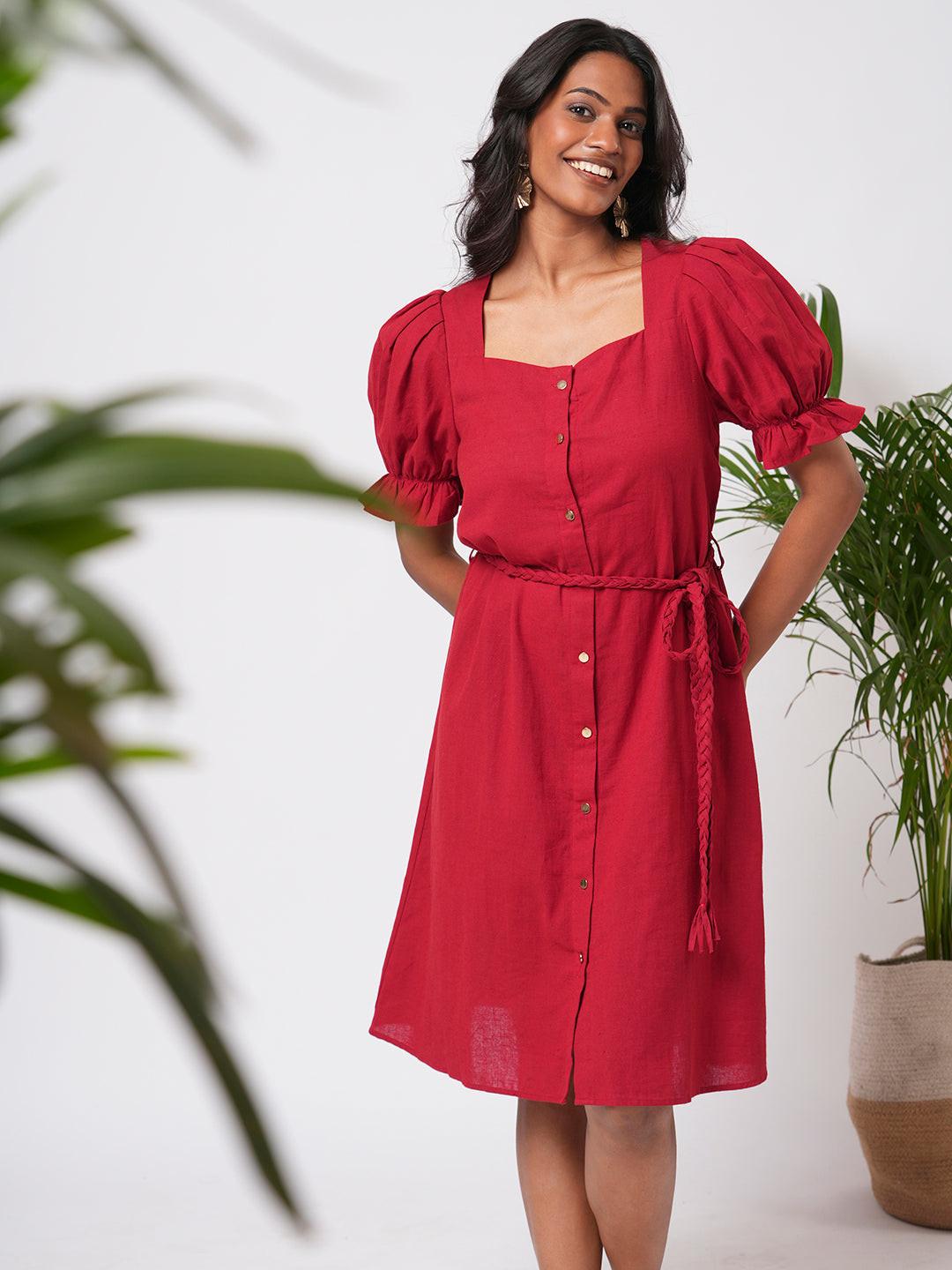 Linen Blend Puff Sleeve Dress.
