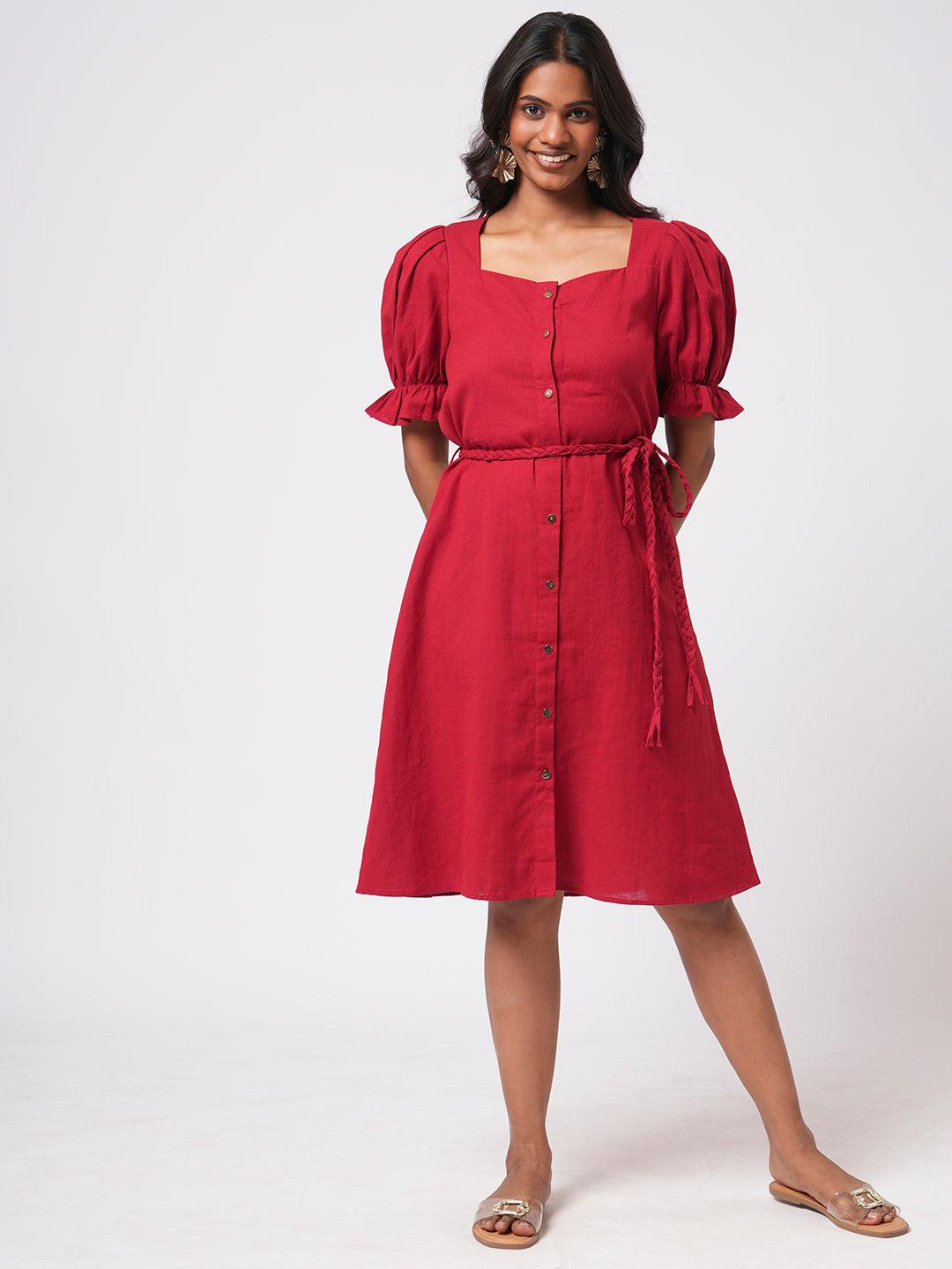 Linen Blend Puff Sleeve Dress.