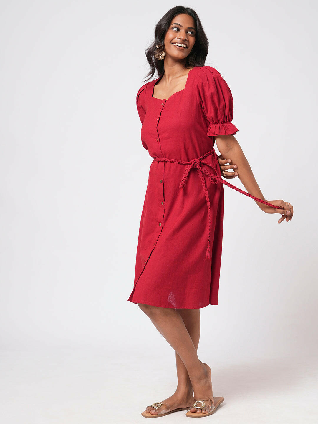 Linen Blend Puff Sleeve Dress.