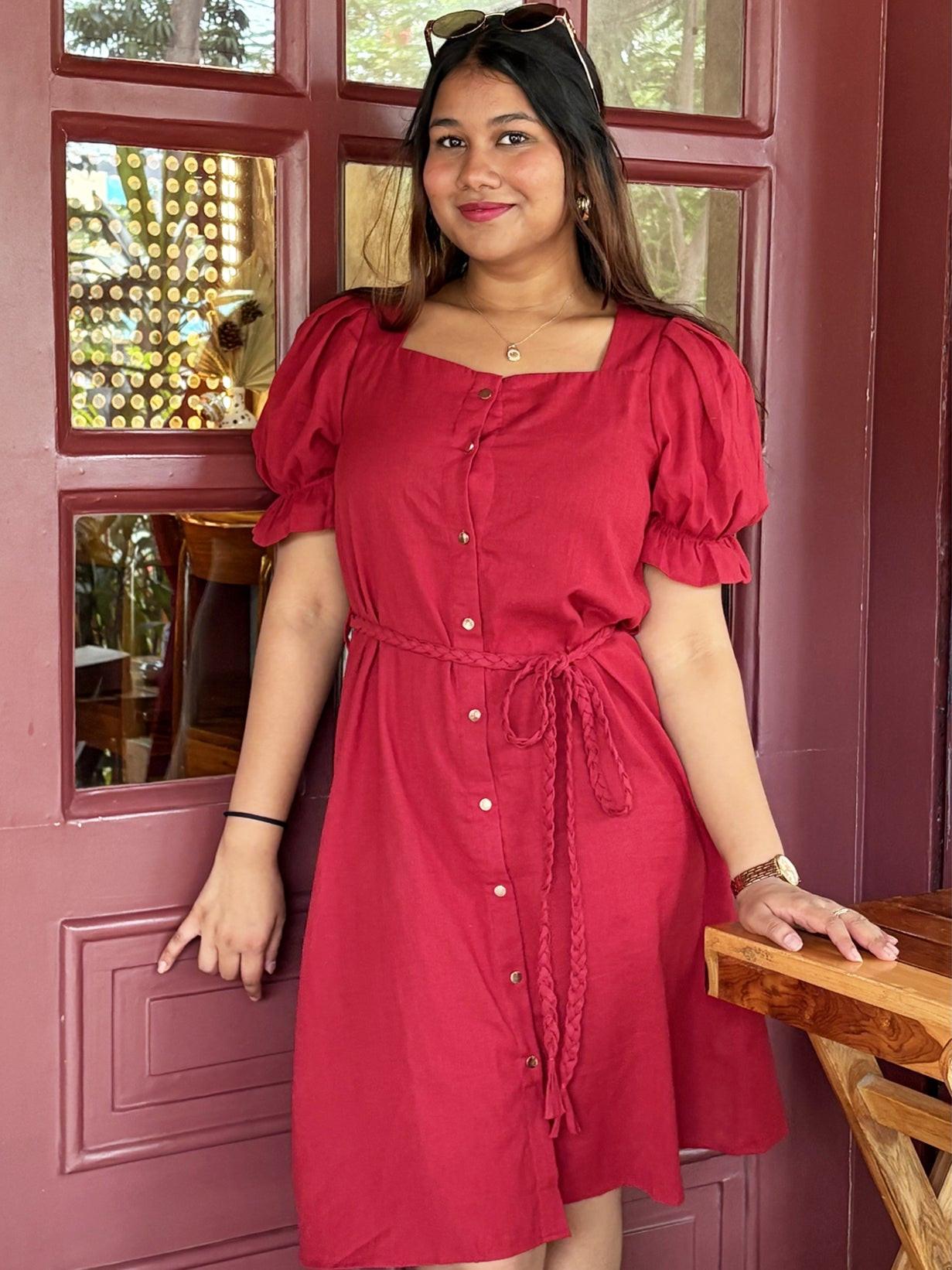 Linen Blend Puff Sleeve Dress