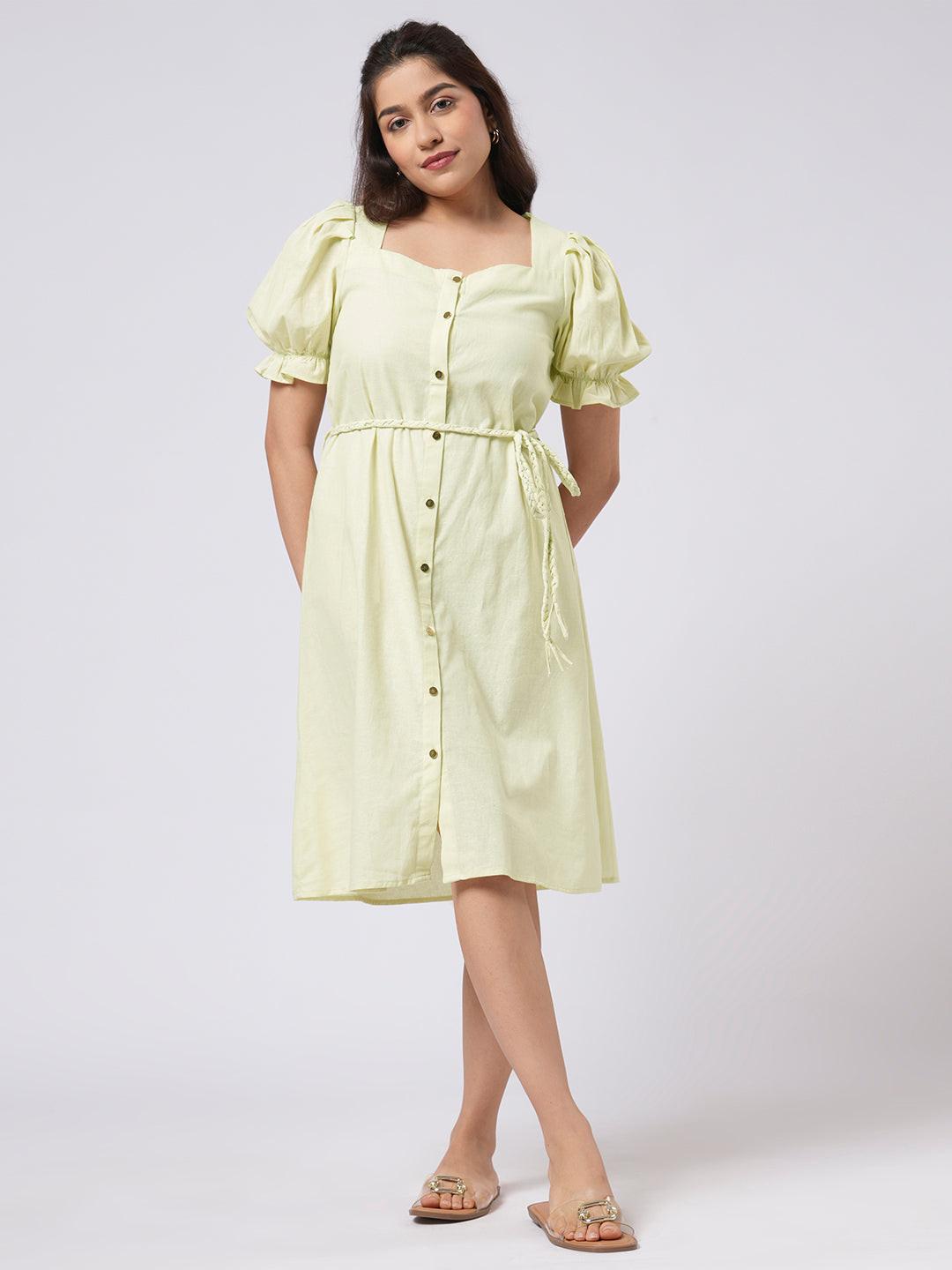 Linen Blend Puff Sleeve Dress.