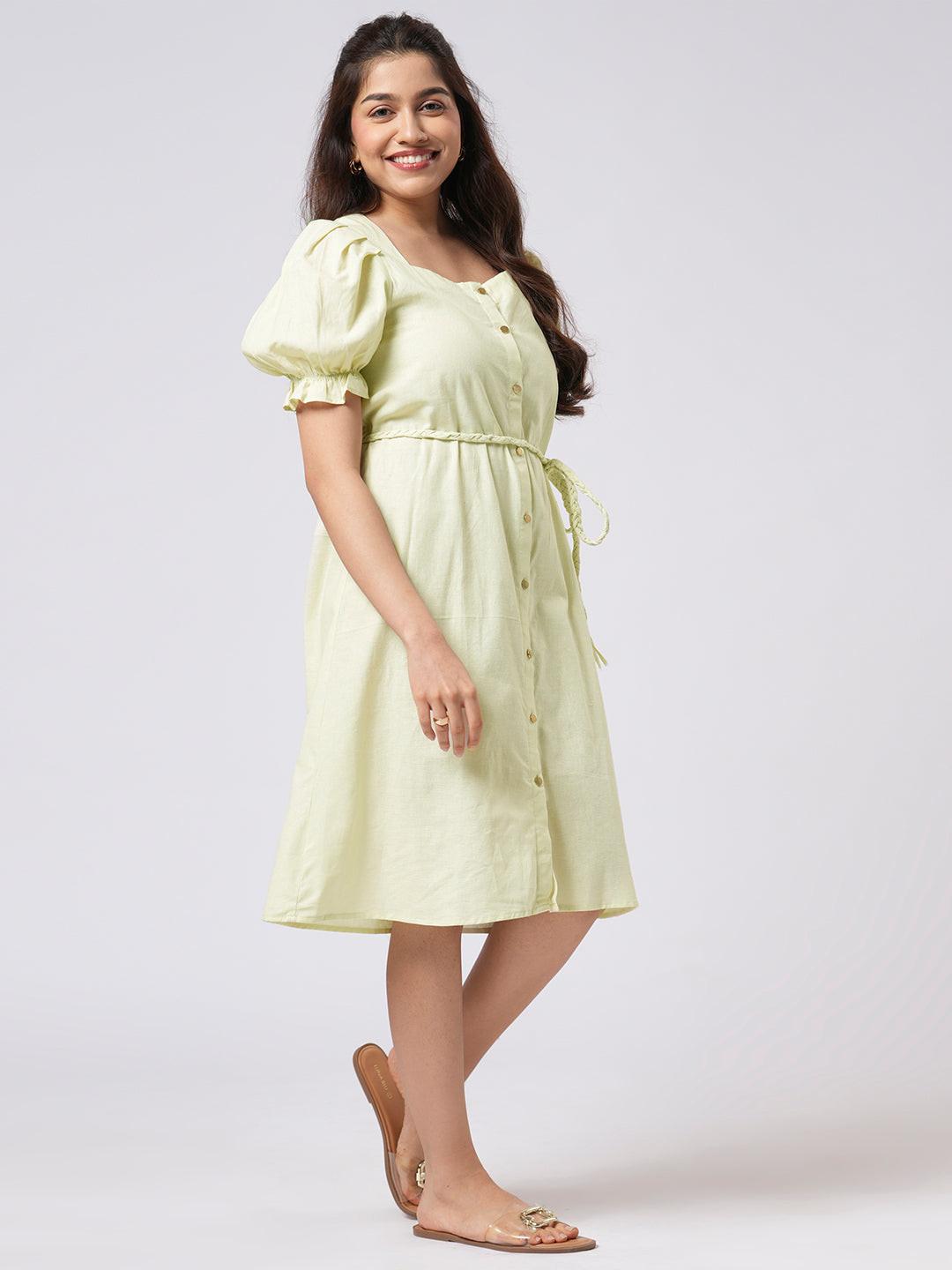 Linen Blend Puff Sleeve Dress.