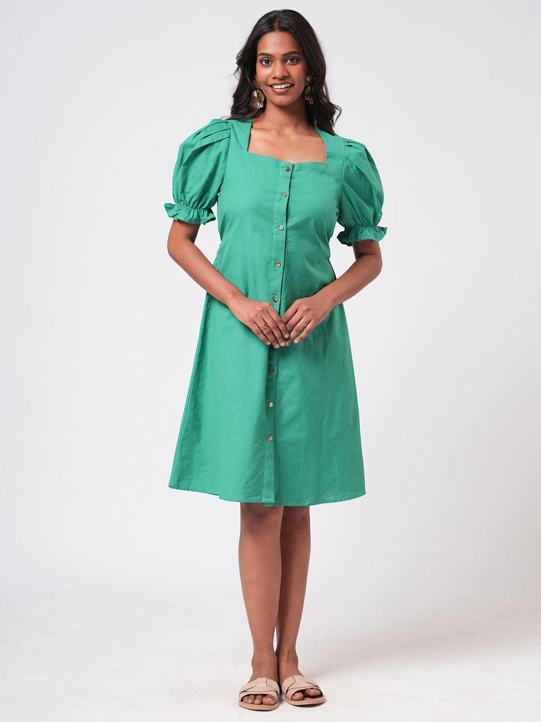 Linen Blend Puff Sleeve Dress.
