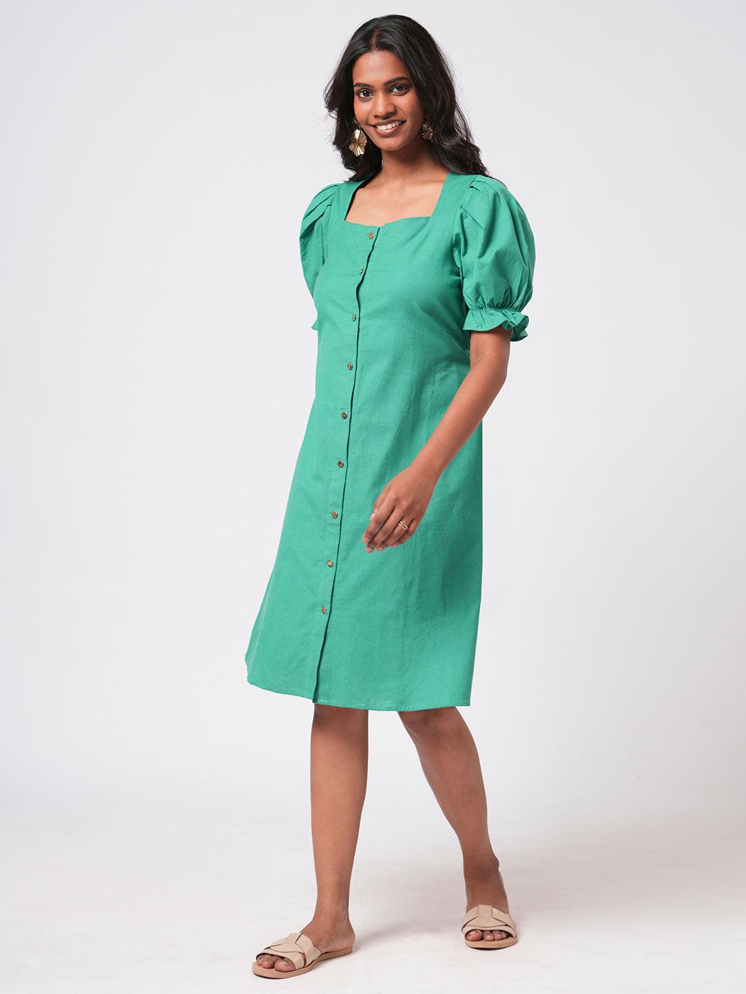 Linen Blend Puff Sleeve Dress.