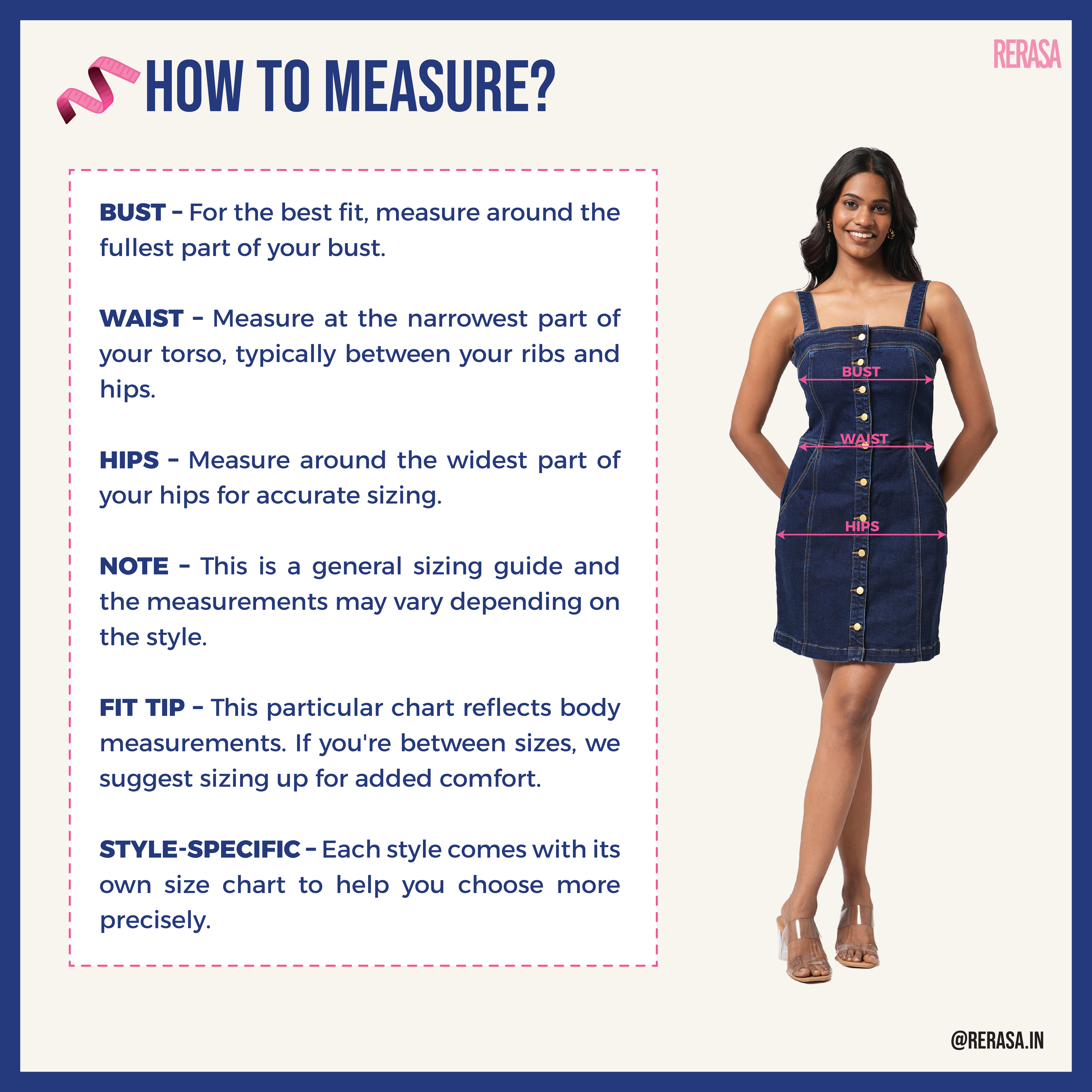 Measurement guide with a model featuring text on how to measure bust, waist, and hips.