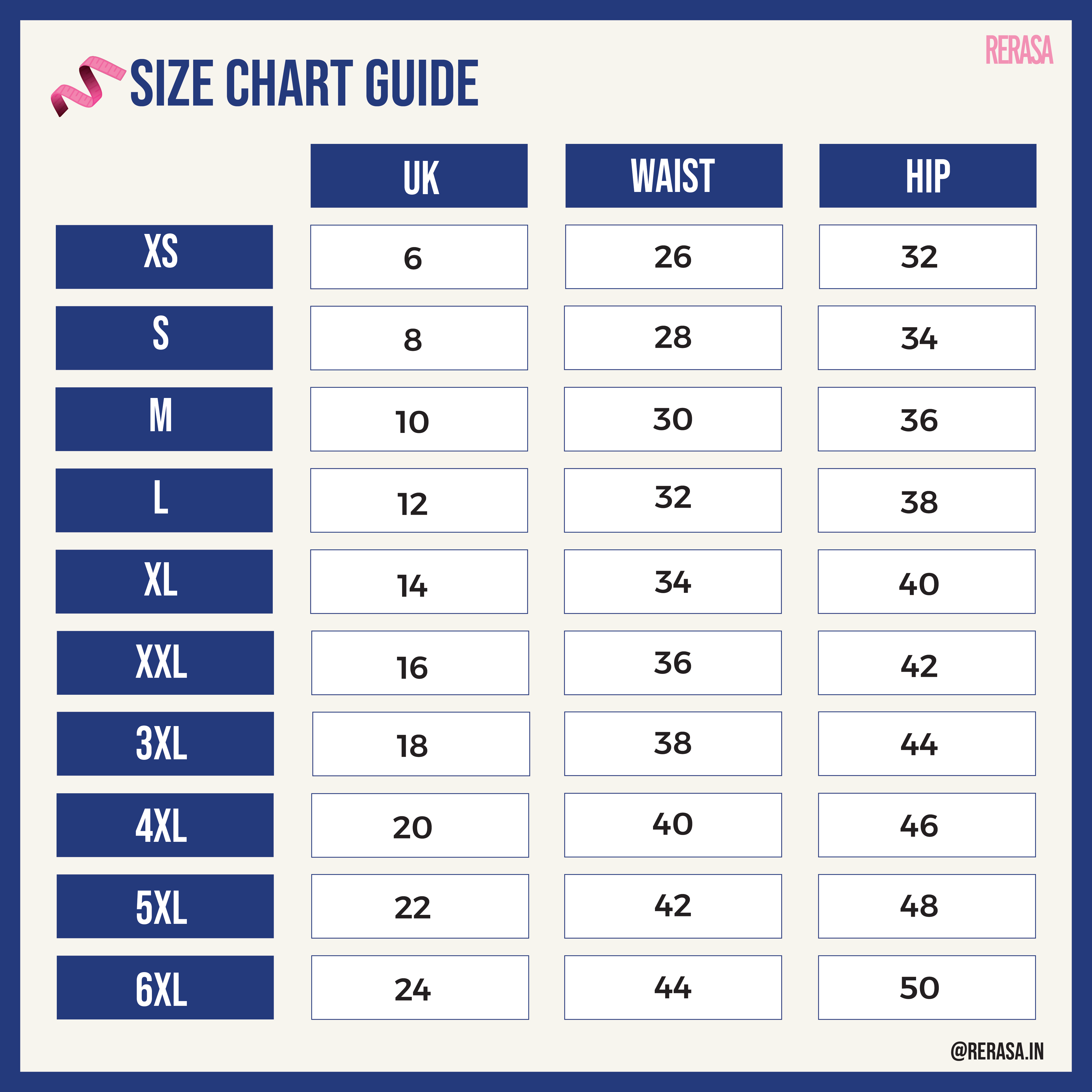 Size chart guide for clothing measurements in UK, waist, and hip sizes for Rerasa Bottoms