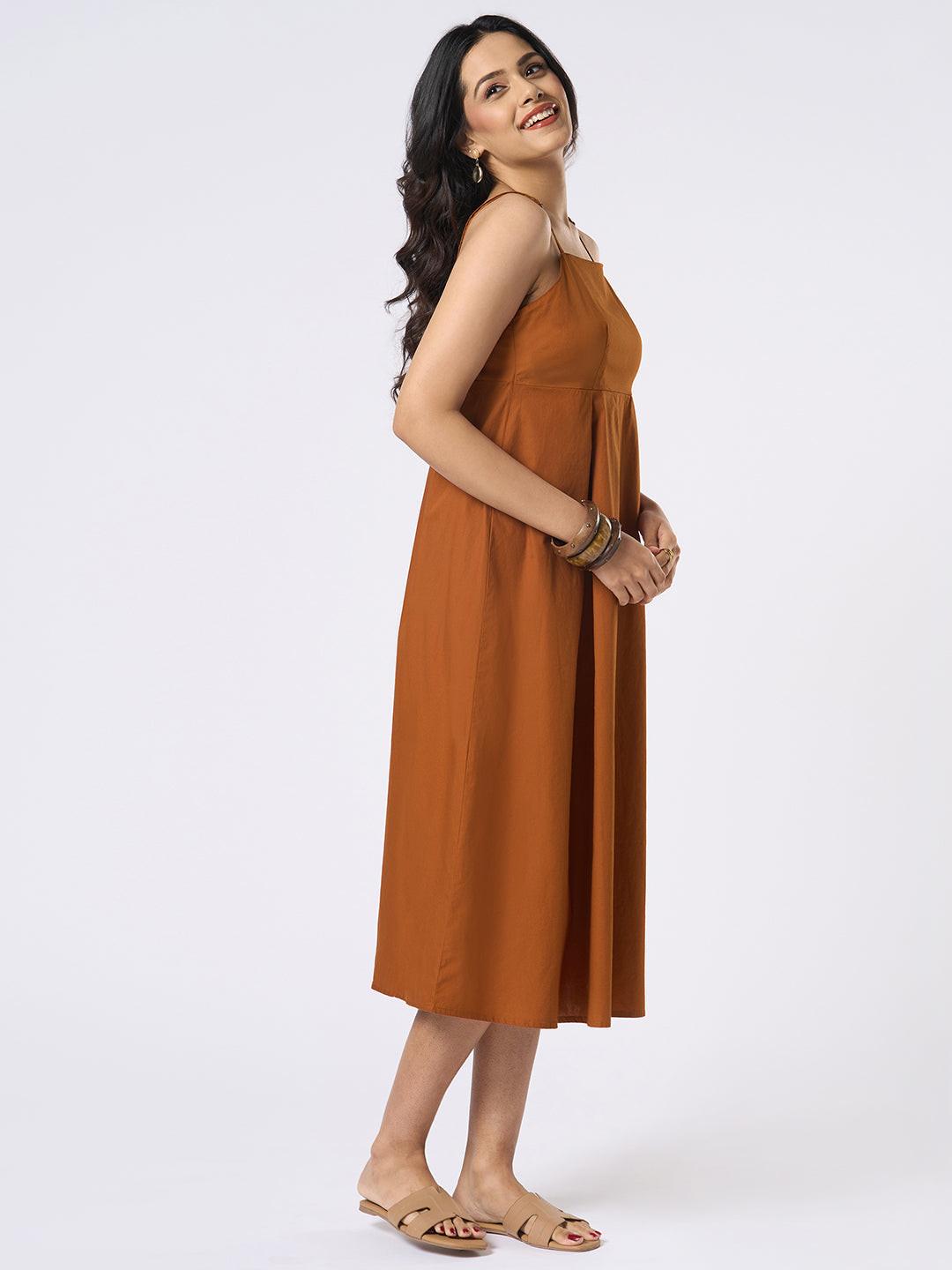 Brown Spaghetti Dress by Rerasa