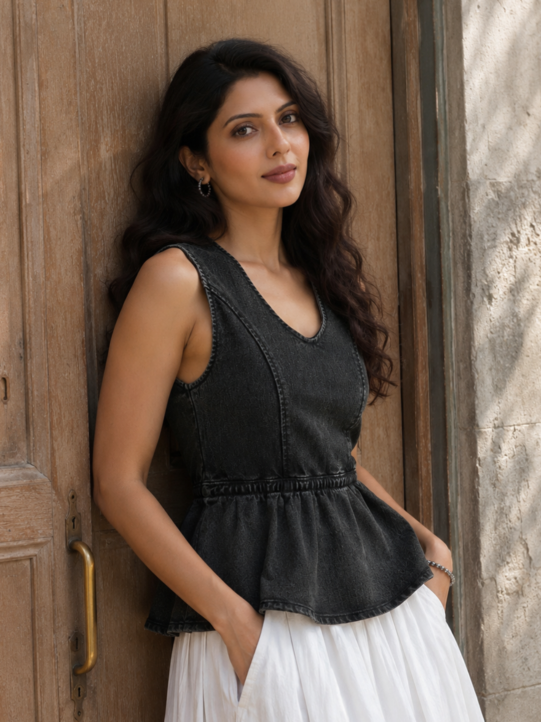 Structured Denim Peplum Top by Rerasa