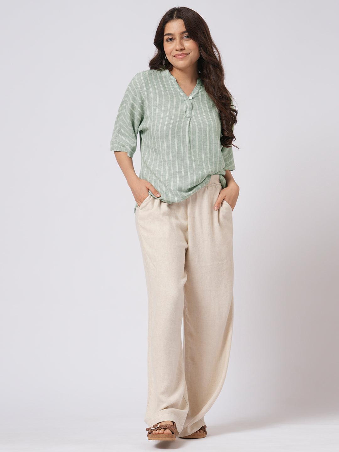 Linen Blend Button Back V-Neck Top.