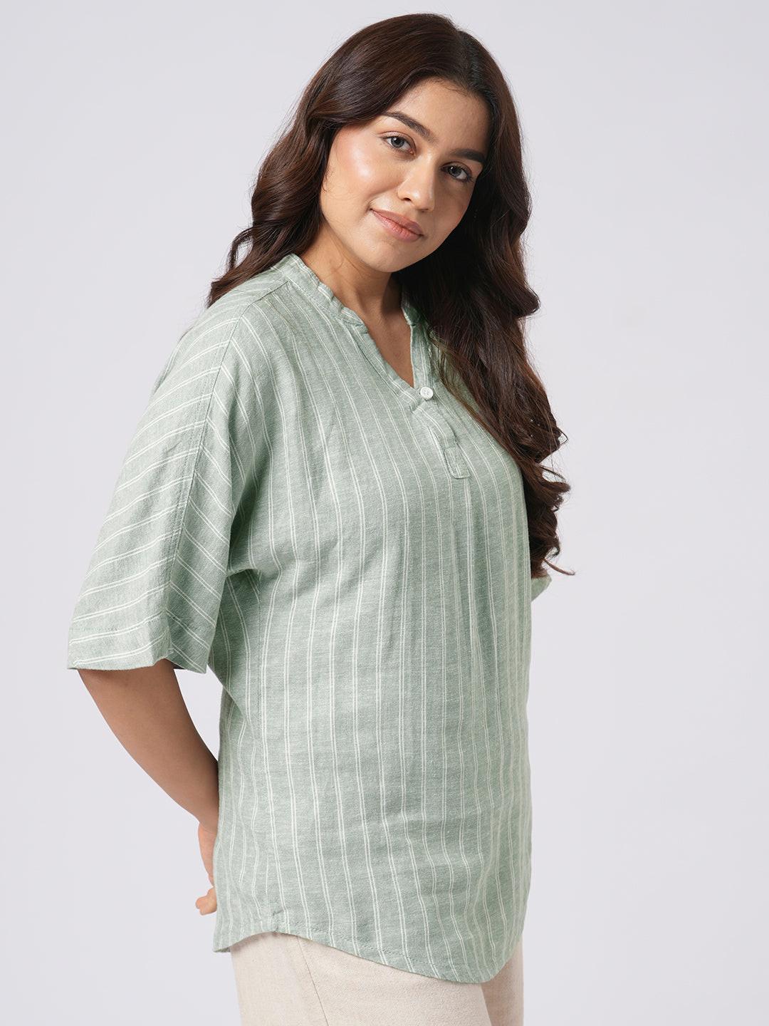 Linen Blend Button Back V-Neck Top.