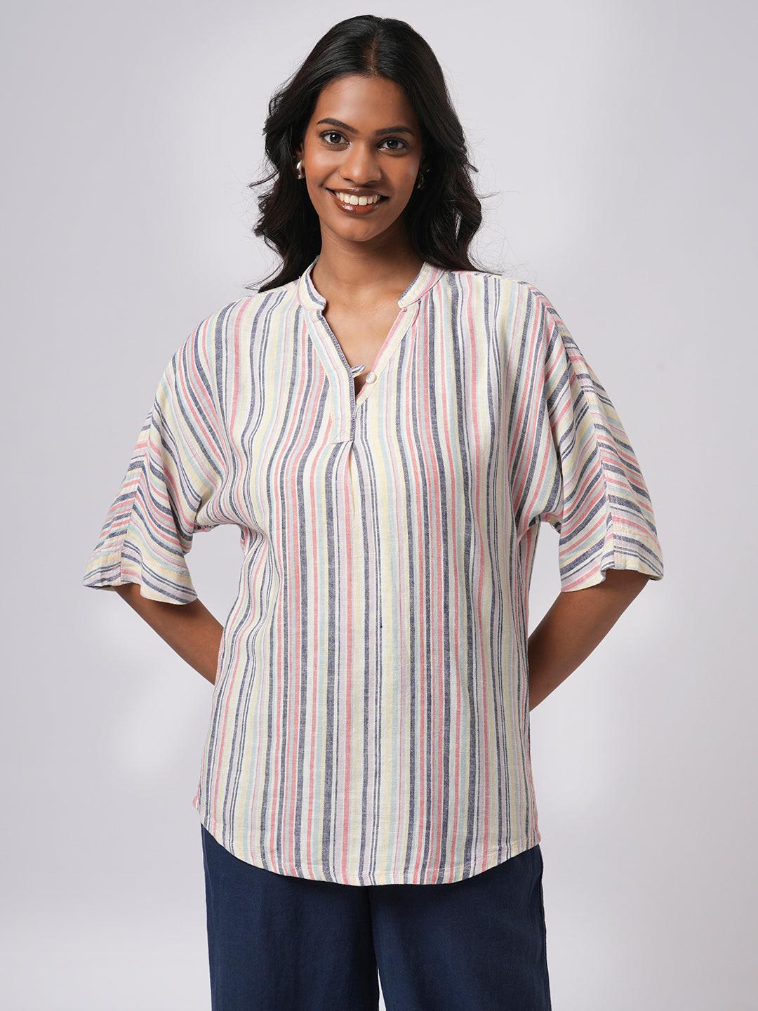 Linen Blend Button Back V-Neck Top.