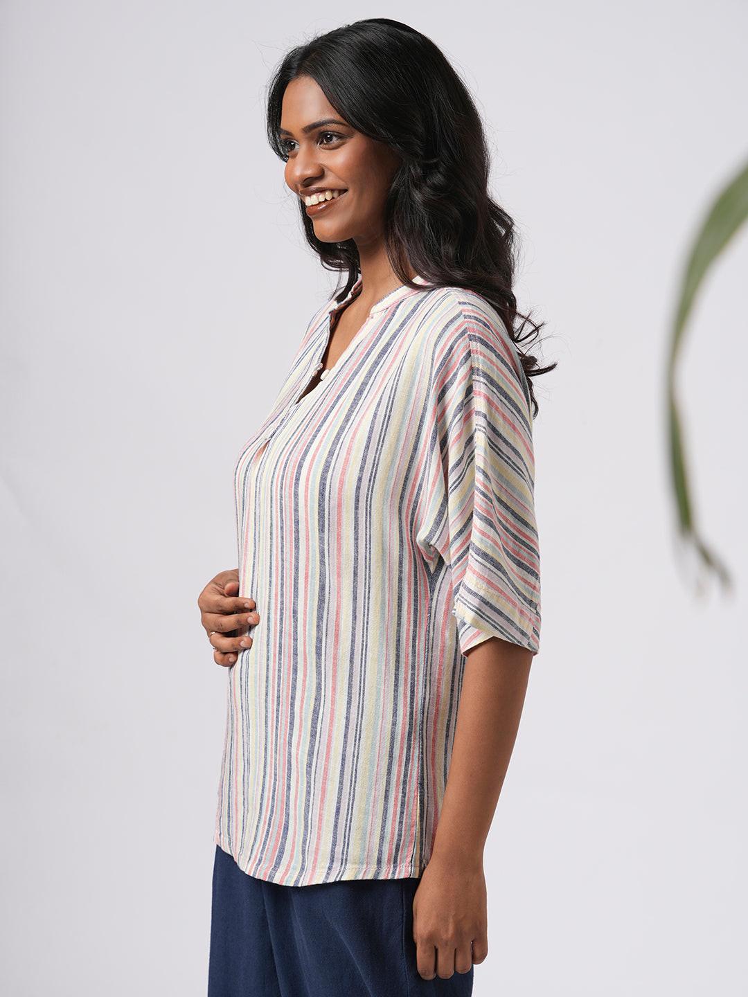 Linen Blend Button Back V-Neck Top.