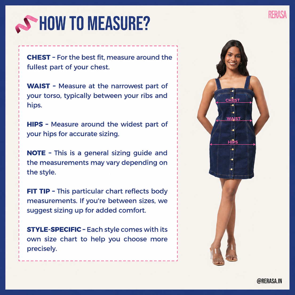 A sizing guide infographic titled 'HOW TO MEASURE?' with text instructions for measuring chest, waist, and hips, alongside a model wearing a dark blue denim dress on the right side.